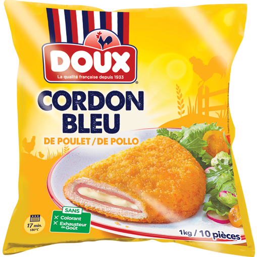 Cordon bleu de pollo Doux en un plato con guarnición de verduras